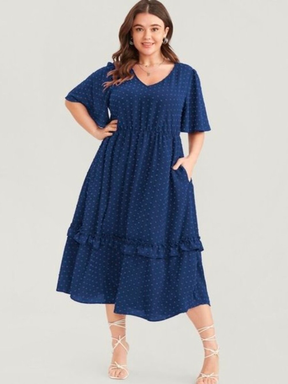 Bloomchic Navy Swiss Dot V-Neck Ruffle Midi Dress w/ Pockets Size 14-16/1X